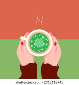 Vector illustration of a woman hand holding a cup of hot green tea with flower shaped foam. warm autumn time hot green tea with flower.