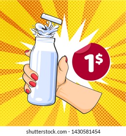 Vector illustration of woman hand with ilk jar, bottle, price tag, splash of milk, vector illustration in pop art style isolated on yellow background with dots and lights