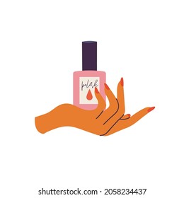 Vector illustration woman hand with painted nails holding jar of nail polish. Manicure. Beauty and care concept.