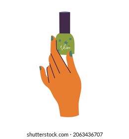 Vector illustration woman hand with painted nails holding jar of nail polish. Manicure. Beauty and care concept.