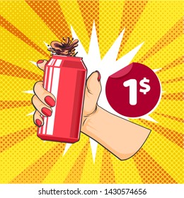 Vector illustration of woman hand with soda metal can, price tag, vector illustration in pop art style isolated on yellow background with dots and lights