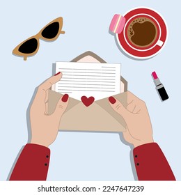 Vector illustration with woman hands, envelope with love letter, rose, lipstick, red coffee cup and macaroon