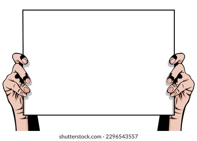 Vector Illustration of Woman Hands holding a blank paper. Two hands. Five finger. Body part. Human anatomy. The activist. Mass demonstration. Protest action. Reveal something. Important announcement.