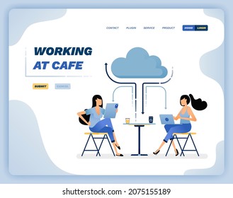 Vector illustration of woman hanging out and enjoying coffee and still working connected to cloud. Design can be used for website, poster, flyer, apps, advertising, promotion, marketing