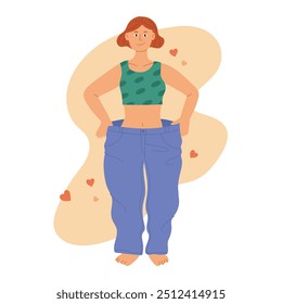 Ilustración vectorial de una mujer feliz de llevar pantalones grandes después de completar su pérdida de peso