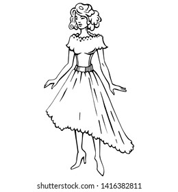 Vector illustration of the woman with hat and dress in retro style isolated on white background. Logo of fashion girl. Hand drawn fashion sketch in vintage style.