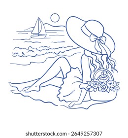Vector illustration of a woman in a hat and dress holding a flower bouquet on the beach at sunrise or sunset. Line art, outline style in blue tones. Romantic coastal scene