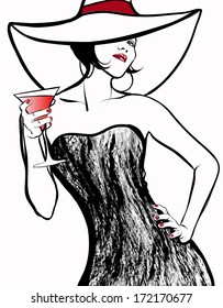 Ilustración vectorial - Mujer con sombrero bebiendo un cóctel