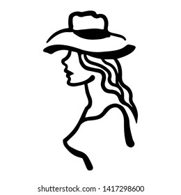 Vector illustration of woman in hat in retro style isolated on white background. Logo of fashion girl. Hand drawn fashion sketch in vintage style of the model silhouette.