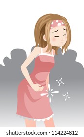 A vector illustration of a woman having a stomach pain