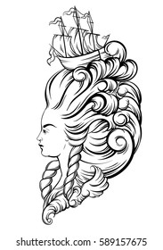 Vector illustration of woman head with beautiful hairstyle with ship and waves. Tattoo artwork in baroque style. Realistic portrait of queen. Template for card, poster, banner, print for t-shirt.