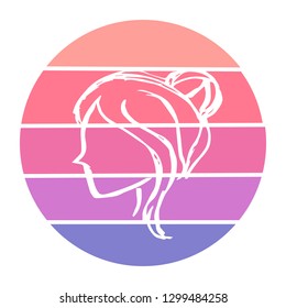 Vector Illustration of Woman Head with Circle Sunset of Red, Pink, and Violet Color