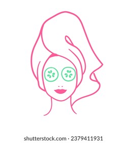 Ilustración vectorial de la cabeza de la mujer con toalla de pelo y máscara de rodajas de pepino