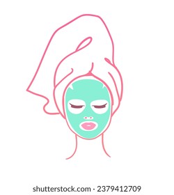 Vector illustration of woman head with hair towel and facial mask