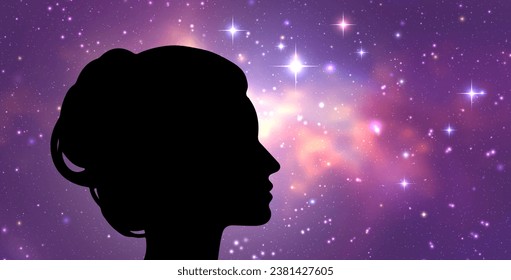 Vector illustration of woman head on starry space background. Cosmic consciousness concept
