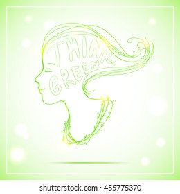 Vector illustration of woman head in side view with text "Think Green" on light bokeh background.