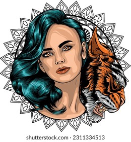 vector illustration of woman head with tiger