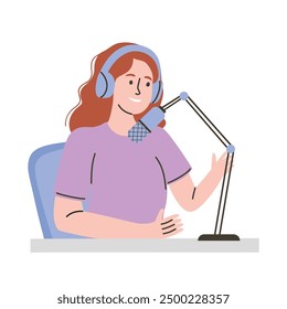 Vector illustration of a woman in headphones and microphone. Podcast. Flat style.