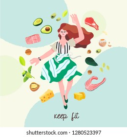 Vector illustration of a woman and healthy food.