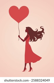 Vector illustration of a woman with a heart-shaped balloon on a romantic background
