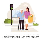 Vector illustration of a woman helping a grandmother to cross the road. Cartoon scene of a caring young woman with a package of groceries helping an elderly woman with a stick to cross the road.