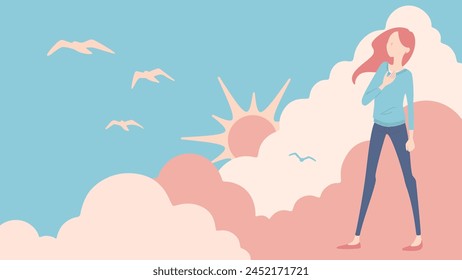 Vector illustration of a woman with her hands on her chest and heart against a sunny sky.