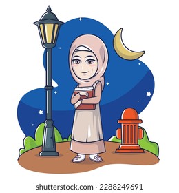 vector illustration woman hijab bring al qur'an with garden lamp in night background