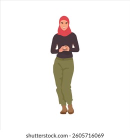 Vector illustration of woman in hijab in cartoon flat style. Collection of stylish mosleem business person, female in trendy clothes isolated on white