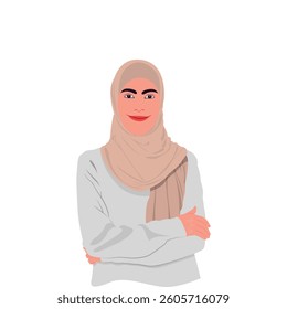 Vector illustration of woman in hijab in cartoon flat style. Collection of stylish mosleem business person, female in trendy clothes isolated on white