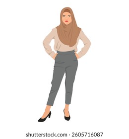 Vector illustration of woman in hijab in cartoon flat style. Collection of stylish mosleem business person, female in trendy clothes isolated on white