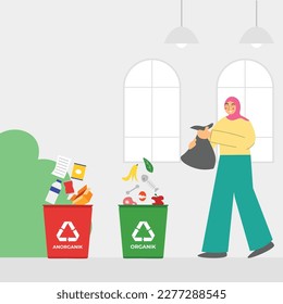 Vector Illustration of woman hijab do waste sorting. garbage, rubsih sorting. people putting rubish in trash bins. trash container classifiation. Save the earth concept design