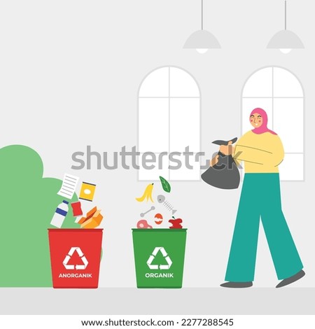 Vector Illustration of woman hijab do waste sorting. garbage, rubsih sorting. people putting rubish in trash bins. trash container classifiation. Save the earth concept design