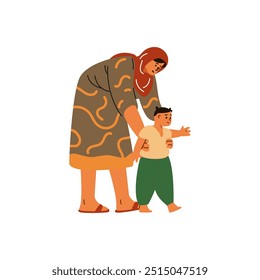 Vector illustration of a woman in hijab helping her son take his first steps. Mom and baby enjoying the moment together. Flat cartoon style on isolated background.