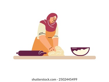 Ilustración vectorial de una mujer con un hiyab amasando masa con las manos en una mesa, captura la esencia de la cocina durante la fiesta nacional de Ramadán