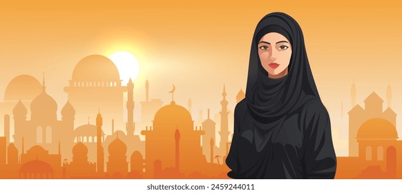 A vector illustration of a woman in hijab with mosque silhouettes in the backdrop representing Islamic culture on an orange background. Vector illustration