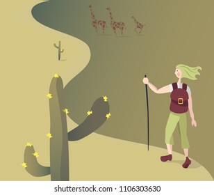 Vector illustration of a woman hiking in African desert with cactus plants and watching giraffes. 