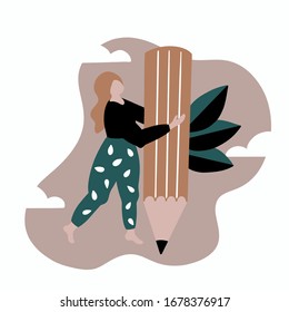Vector illustration of woman hold big pencil and drawingg. Hand writing prosess. Creative girl. Human character on white isolated background.