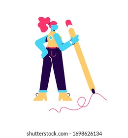 Vector illustration of woman hold big pencil and drawing. Hand writing prosess. Creative girl. Human character on white isolated background.Flat style modern design for web page, social media, poster