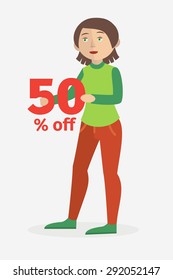 vector illustration of a woman holding 50 % off sign/ on white background