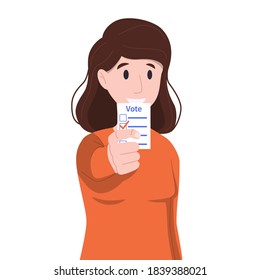 Vector illustration: woman is holding ballot. Election concept.