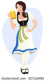 Vector illustration of a woman holding a beer stein in a traditional German dirndl.