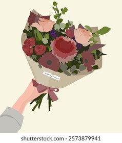 A vector illustration of a woman holding a bouquet of flowers, symbolizing beauty, elegance, and celebration, perfect for themes of femininity, nature, and special occasions like weddings or birthdays