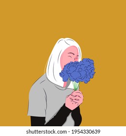 vector illustration of woman holding budle of flower