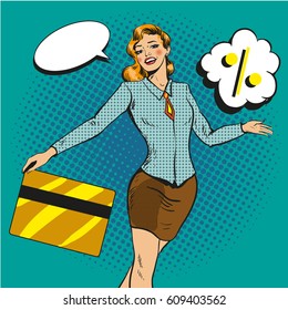 Vector illustration of woman holding credit card in retro pop art comic style. Speech bubble. Shopping with bank card, discounts concept design element.