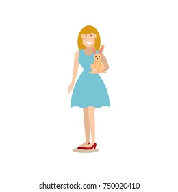 Vector illustration of woman holding domestic rabbit in her hand. Pet owner and her rabbit flat style design element, icon isolated on white background.
