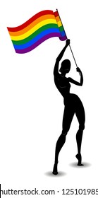 Vector illustration of a woman holding a flag lgbt. Isolated on white background.