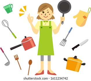 Vector illustration of a woman holding a frying pan in her hand