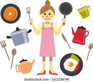 Vector illustration of a woman holding a frying pan in her hand