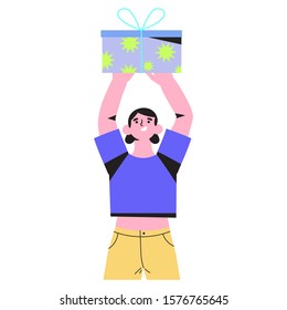 Vector illustration of woman holding a gift box or a present isolated on a white background. The concept of you win, receive a gift, enter to win, bonus, special offer, giveaway or prize drawing.