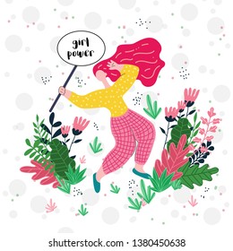 Vector illustration of a woman holding girl power banner. Flowers and leaves in the surroundings. Concept of feminism, body positivity, love for oneself and self-care